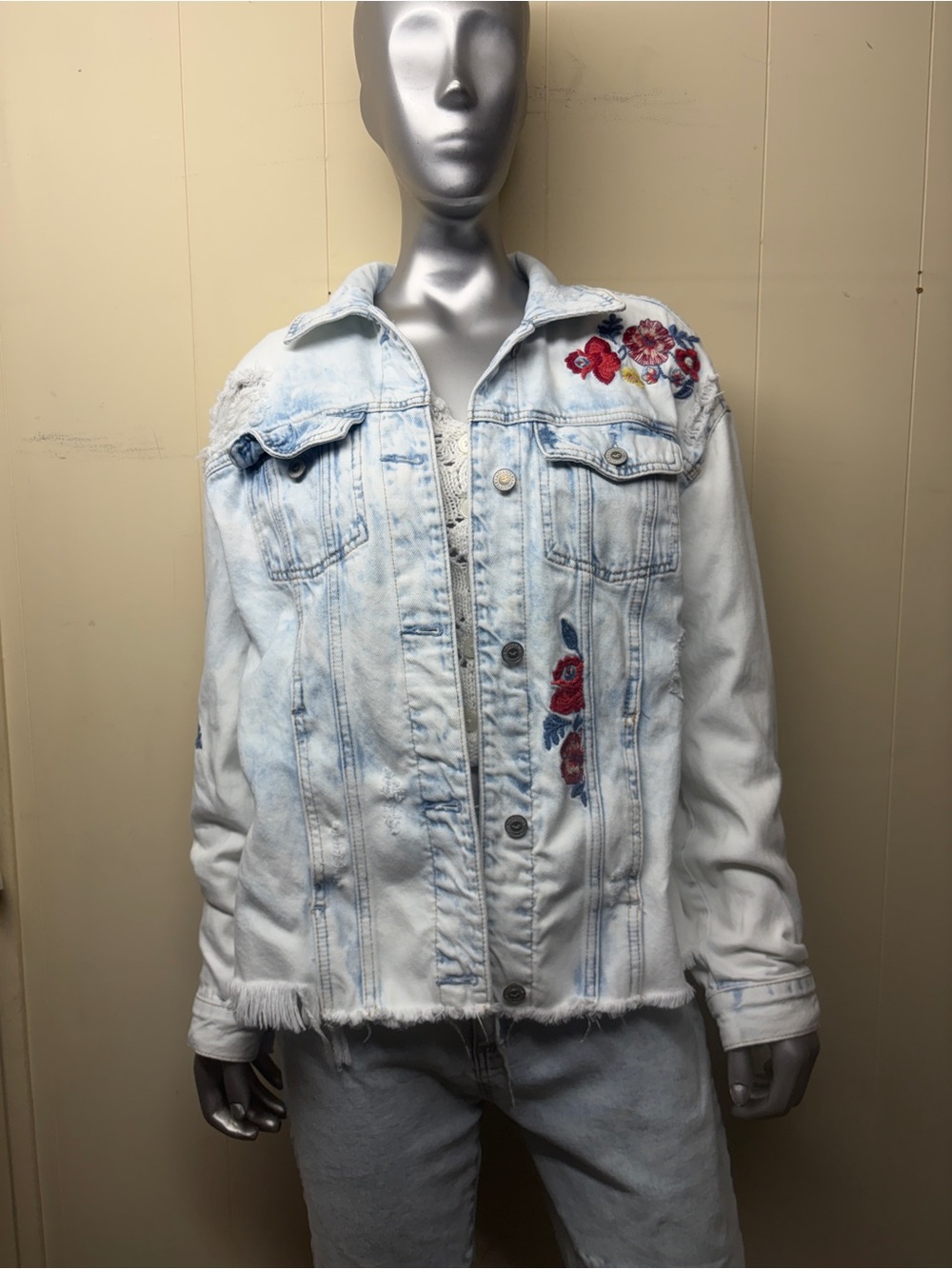Hollister Light Blue Denim Jacket with Red Floral Embroidery